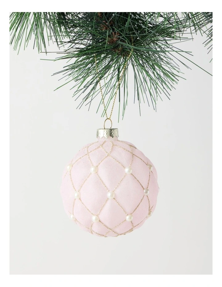 Luxe Christmas Glass Bauble with Pearls in Pink: 8cm image 1