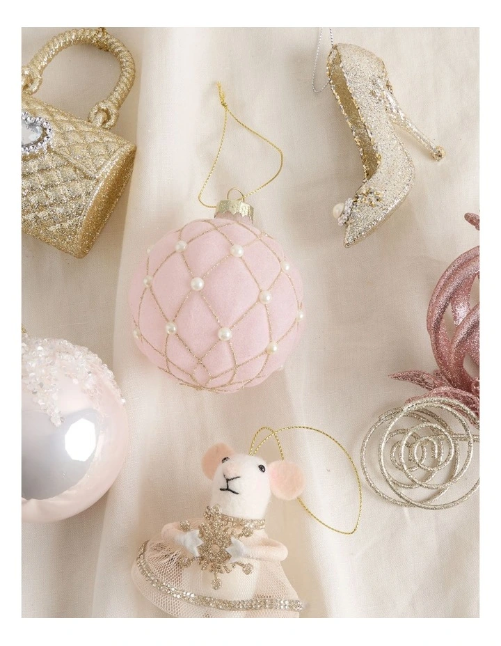 Luxe Christmas Glass Bauble with Pearls in Pink: 8cm image 4