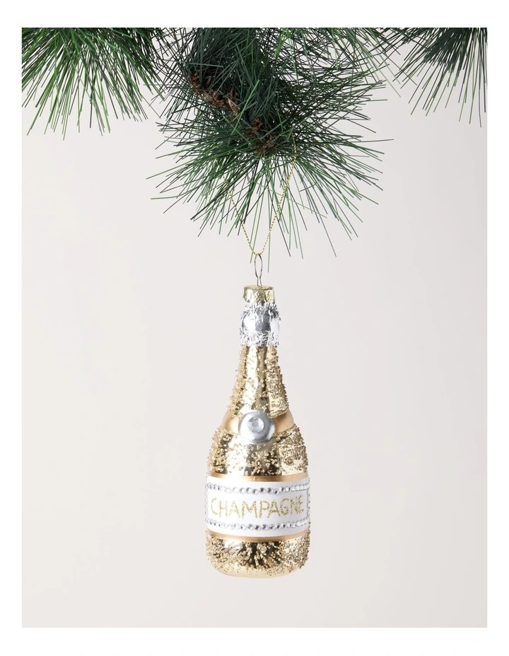 Luxe Christmas Glass Champagne Bottle Ornament in Gold: 13cm image 1