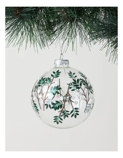 Harvest Christmas Glass Decal Wrapped Bauble in White and Green: 10cm
