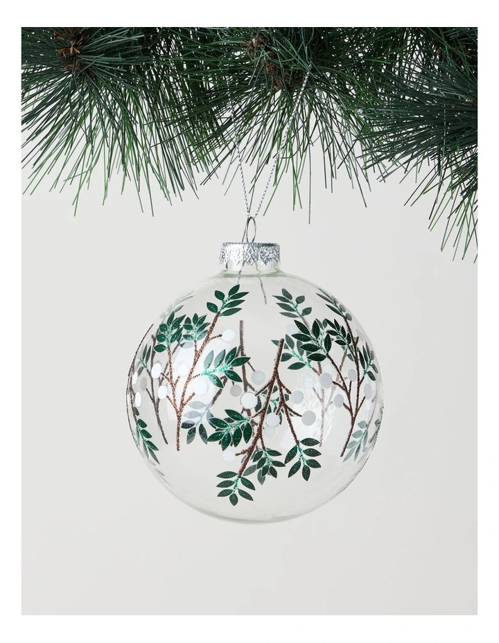 Harvest Christmas Glass Decal Wrapped Bauble in White and Green: 10cm image 1