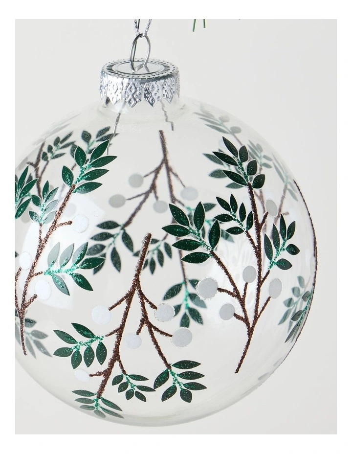 Harvest Christmas Glass Decal Wrapped Bauble in White and Green: 10cm image 2