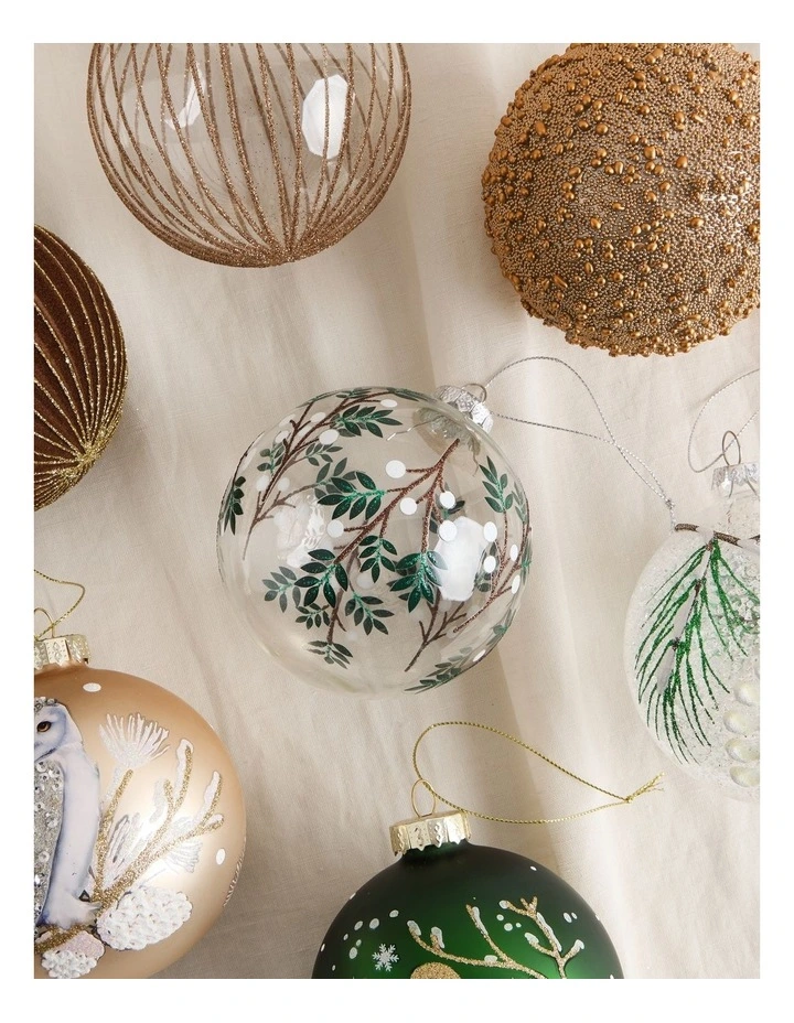 Harvest Christmas Glass Decal Wrapped Bauble in White and Green: 10cm image 3