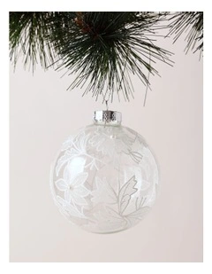 Luxe Christmas 100mm Clear Glass Bauble withWhite Decorative Glitter Leaves