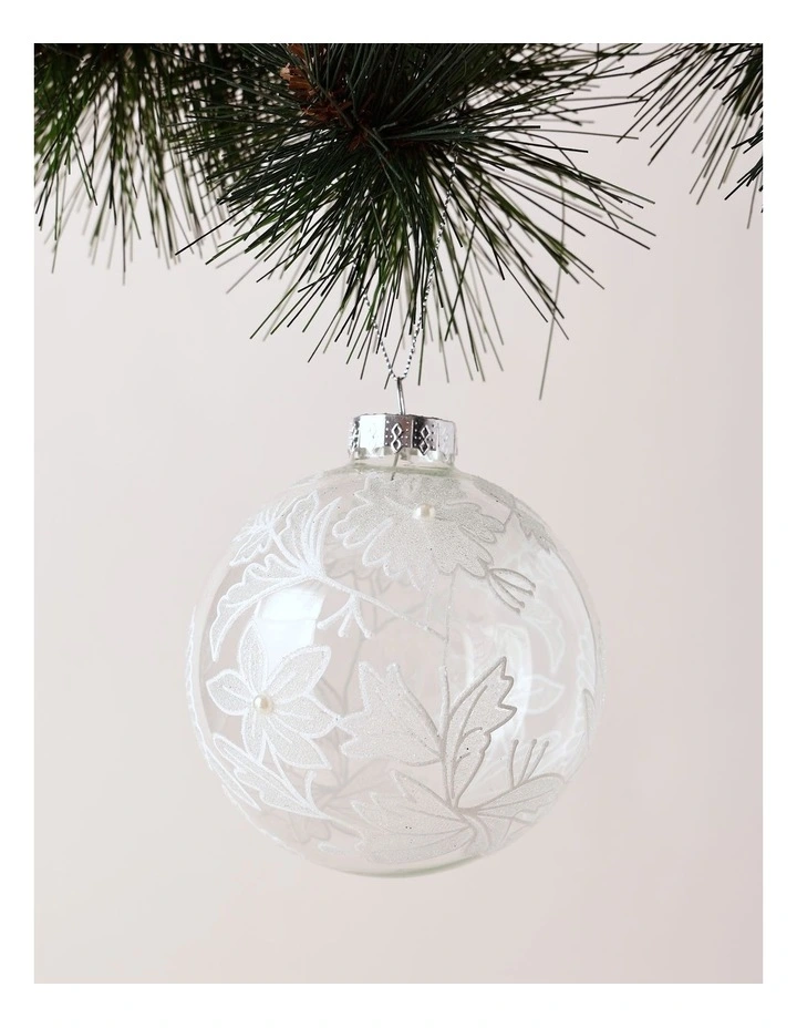 Luxe Christmas 100mm Clear Glass Bauble withWhite Decorative Glitter Leaves image 1