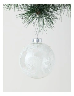 Luxe Christmas 100mm Clear Glass Bauble withWhite Decorative Glitter Leaves