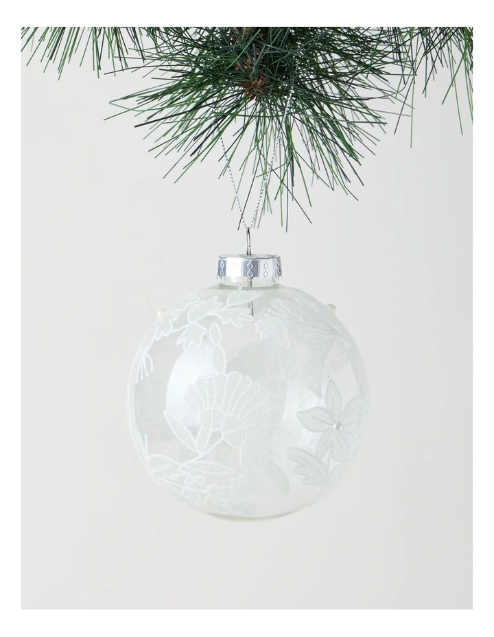 Luxe Christmas 100mm Clear Glass Bauble withWhite Decorative Glitter Leaves image 1