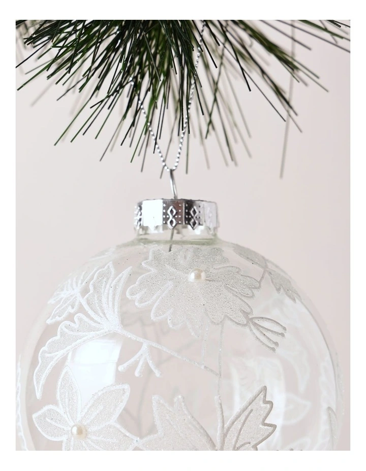 Luxe Christmas 100mm Clear Glass Bauble withWhite Decorative Glitter Leaves image 2
