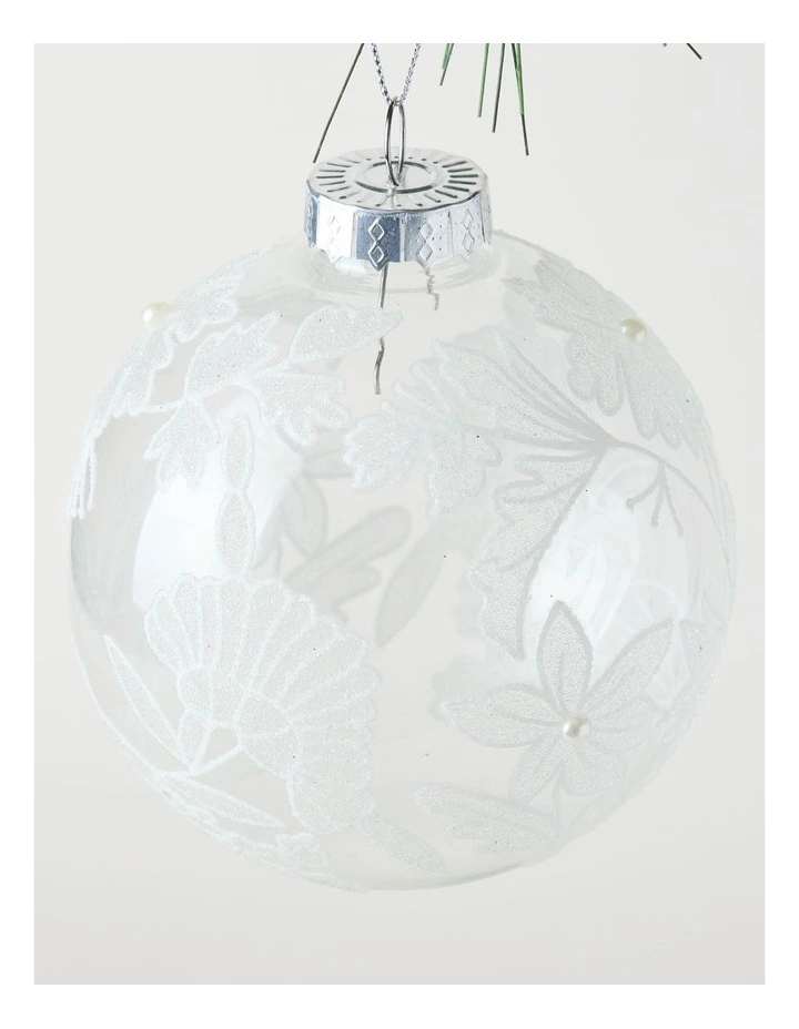 Luxe Christmas 100mm Clear Glass Bauble withWhite Decorative Glitter Leaves image 2