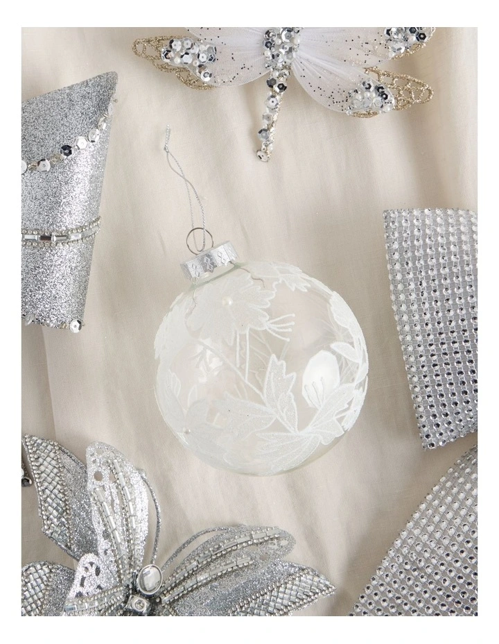 Luxe Christmas 100mm Clear Glass Bauble withWhite Decorative Glitter Leaves image 3