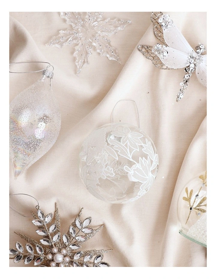 Luxe Christmas 100mm Clear Glass Bauble withWhite Decorative Glitter Leaves image 3