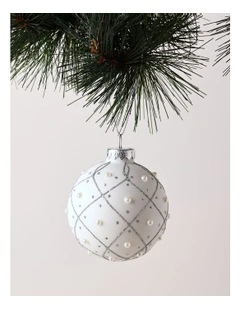 Luxe Christmas Glass Rounded Grid with Pearls BaubleWhite: 8cm