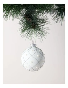 Luxe Christmas Glass Rounded Grid with Pearls BaubleWhite: 8cm