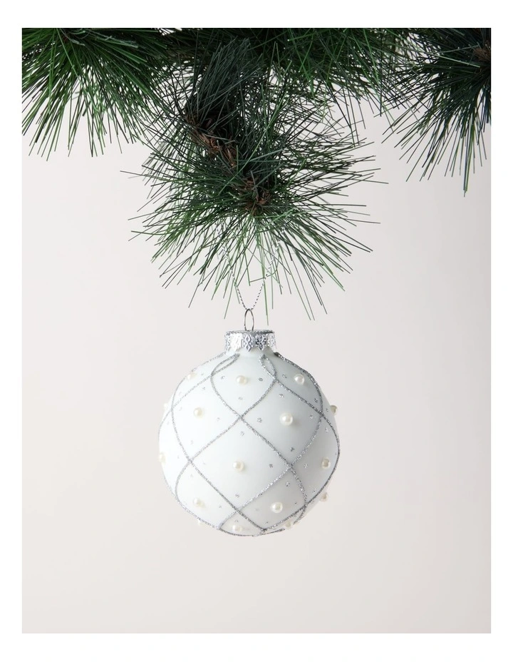 Luxe Christmas Glass Rounded Grid with Pearls BaubleWhite: 8cm image 1