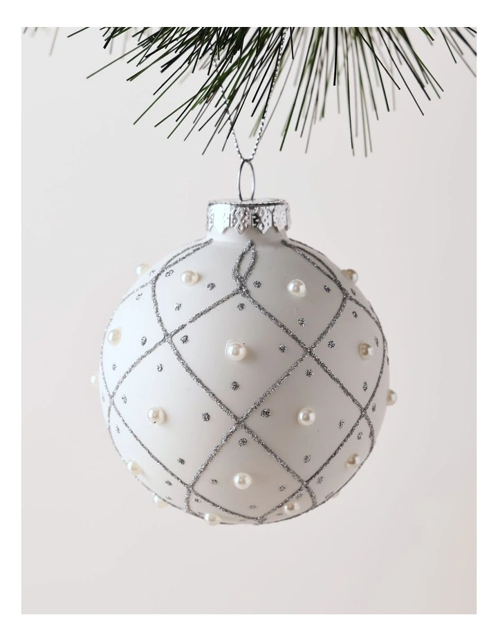 Luxe Christmas Glass Rounded Grid with Pearls BaubleWhite: 8cm image 2