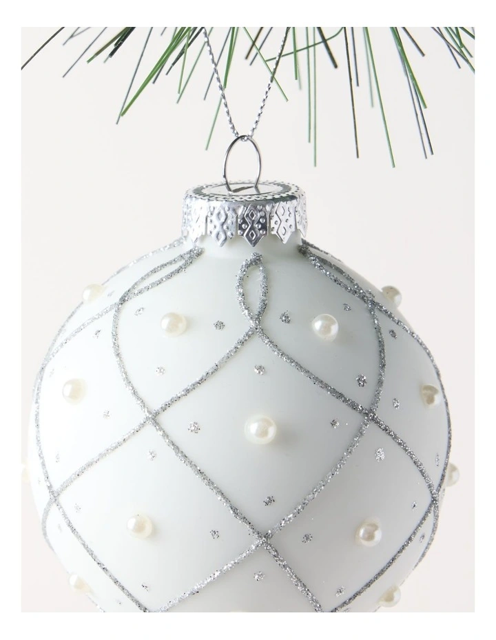 Luxe Christmas Glass Rounded Grid with Pearls BaubleWhite: 8cm image 2