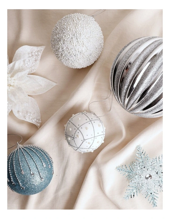 Luxe Christmas Glass Rounded Grid with Pearls BaubleWhite: 8cm image 3