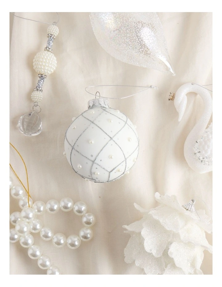 Luxe Christmas Glass Rounded Grid with Pearls BaubleWhite: 8cm image 3