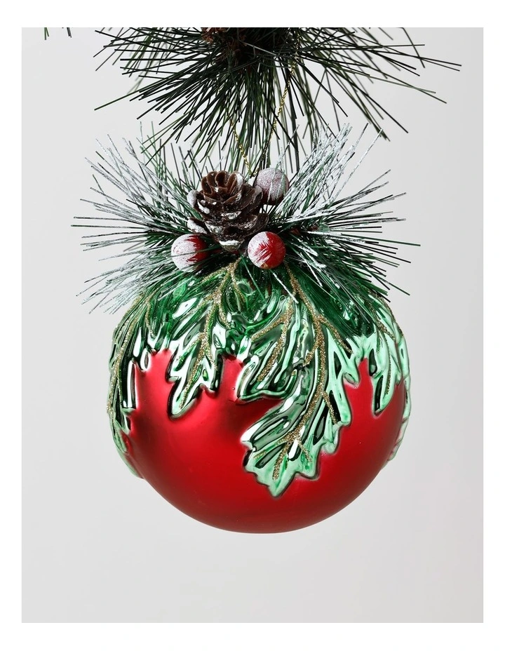 Heirloom Christmas Glass Mistletoe with Pinecone Foliage BaubleRed: 12cm image 1