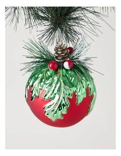 Heirloom Christmas Glass Mistletoe with Pinecone Foliage BaubleRed: 12cm