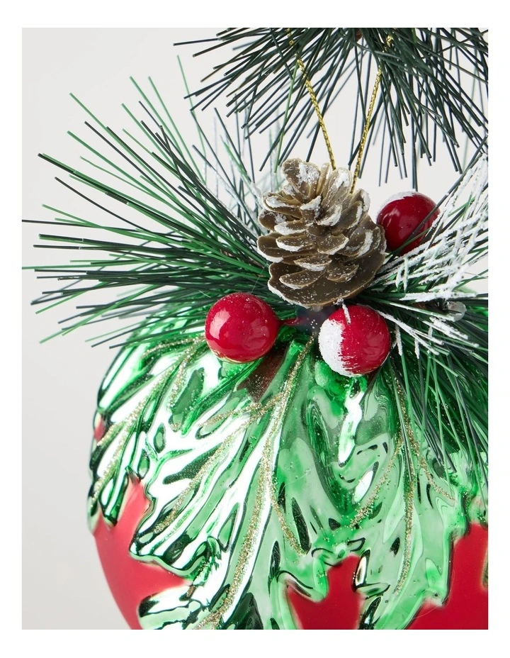 Heirloom Christmas Glass Mistletoe with Pinecone Foliage BaubleRed: 12cm image 2