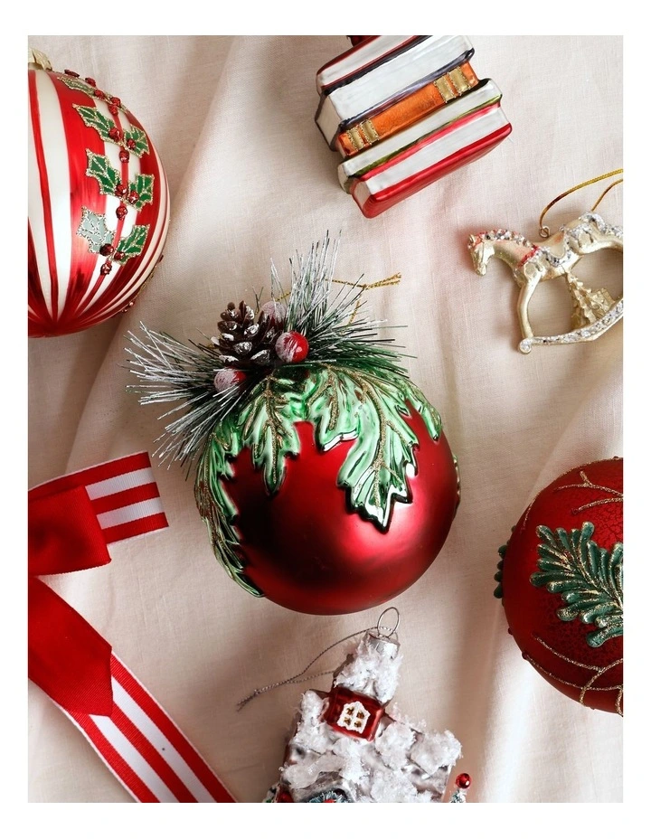 Heirloom Christmas Glass Mistletoe with Pinecone Foliage BaubleRed: 12cm image 3