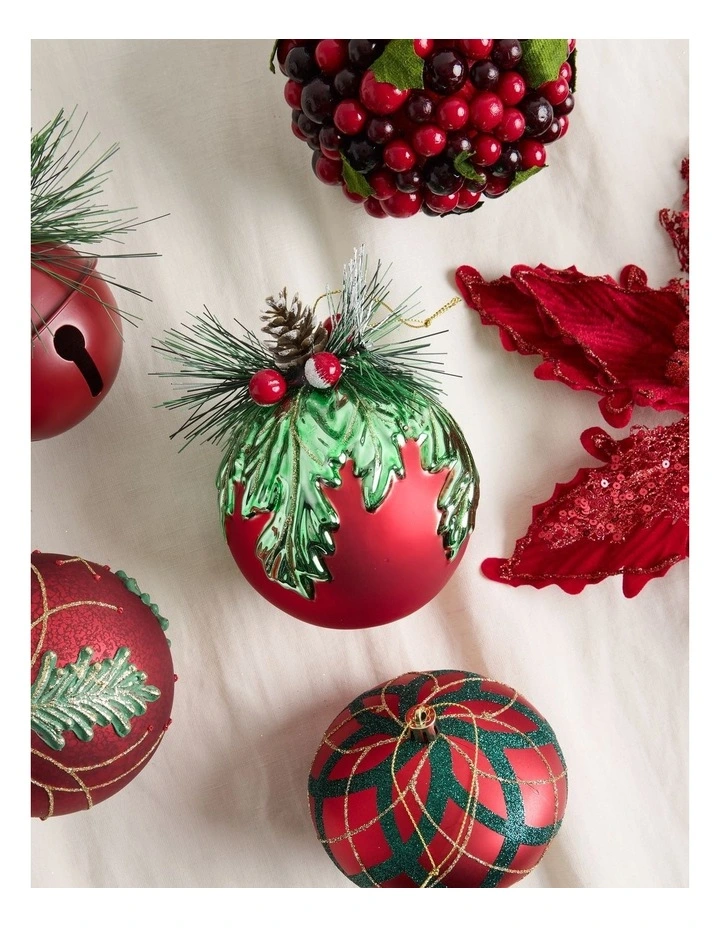 Heirloom Christmas Glass Mistletoe with Pinecone Foliage BaubleRed: 12cm image 3