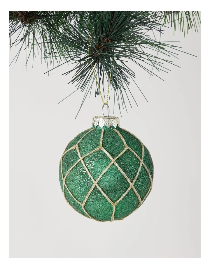 Heirloom Christmas Glass Beaded Diamond Grid BaubleGreen: 8cm image 1