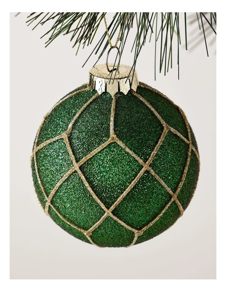Heirloom Christmas Glass Beaded Diamond Grid BaubleGreen: 8cm image 2
