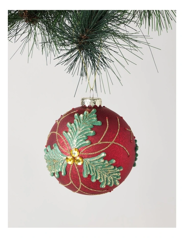 Heirloom Christmas Glass Holly Leaf Bauble Ornament 10cm in Red image 1