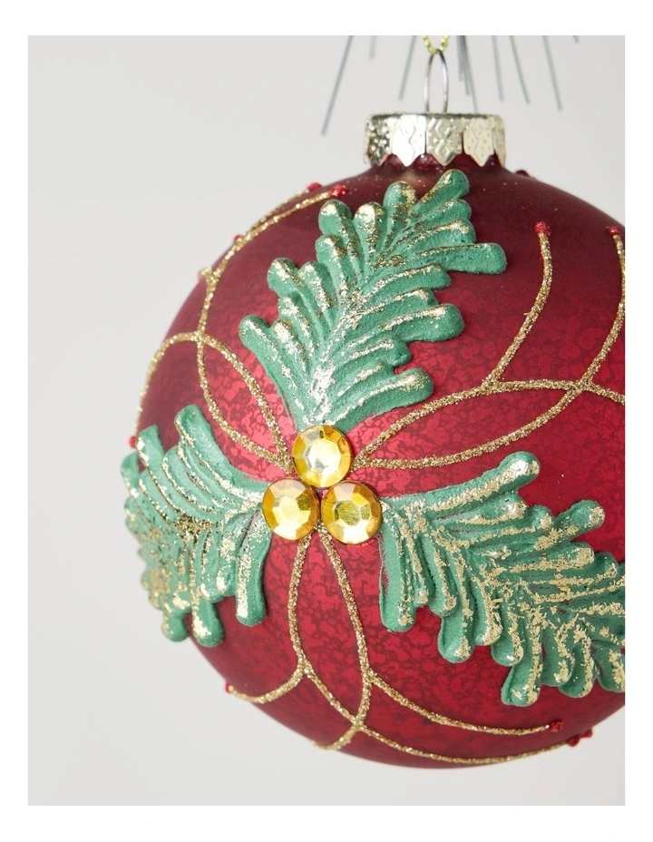 Heirloom Christmas Glass Holly Leaf Bauble Ornament 10cm in Red image 2