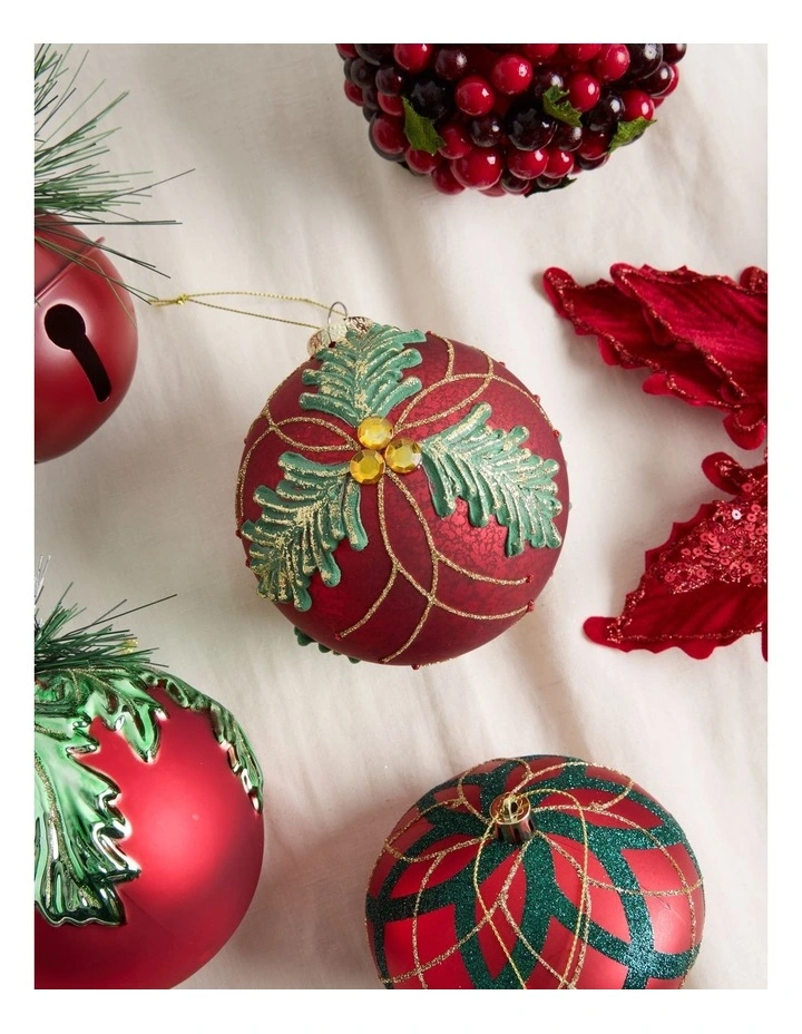 Heirloom Christmas Glass Holly Leaf Bauble Ornament 10cm in Red image 3