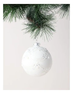 Luxe Christmas Glass Lace Grid withPearls Bauble in White