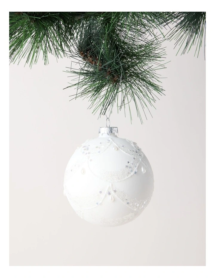 Luxe Christmas Glass Lace Grid withPearls Bauble in White image 1