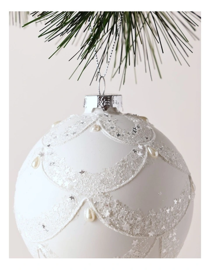 Luxe Christmas Glass Lace Grid withPearls Bauble in White image 2
