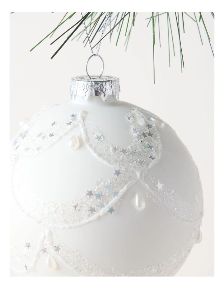 Luxe Christmas Glass Lace Grid withPearls Bauble in White image 2