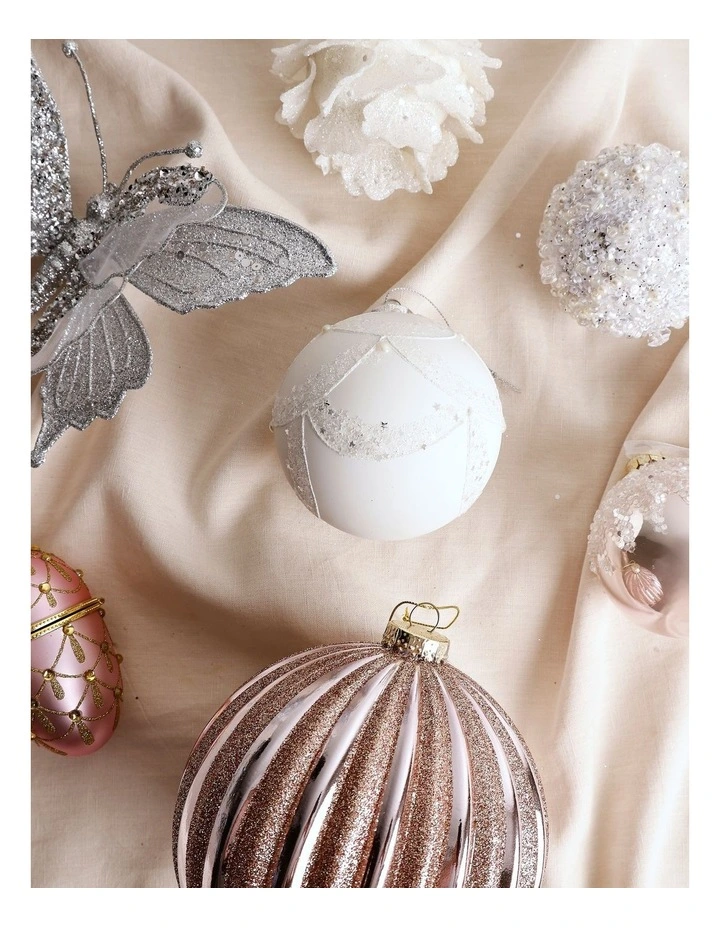 Luxe Christmas Glass Lace Grid withPearls Bauble in White image 3