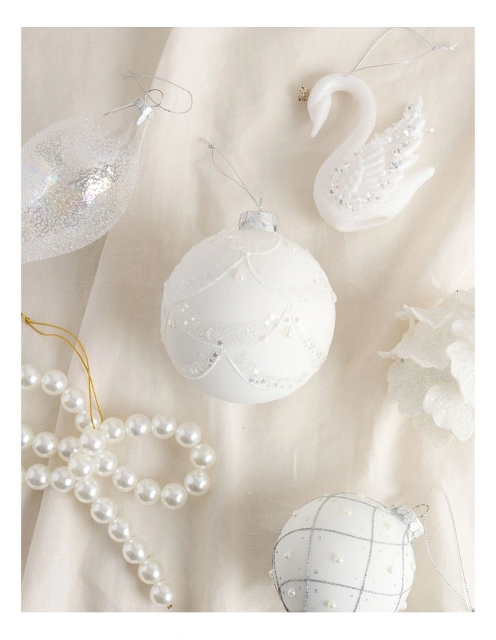 Luxe Christmas Glass Lace Grid withPearls Bauble in White image 3