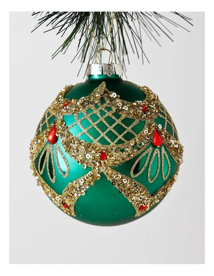Heirloom Christmas Bejewelled Christmas Glass Art Deco Bauble 10cm in Green image 1