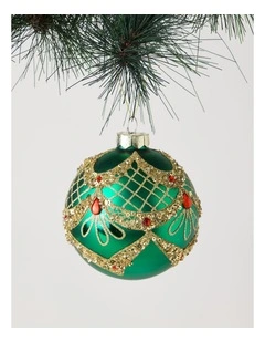 Heirloom Christmas Bejewelled Christmas Glass Art Deco Bauble 10cm in Green