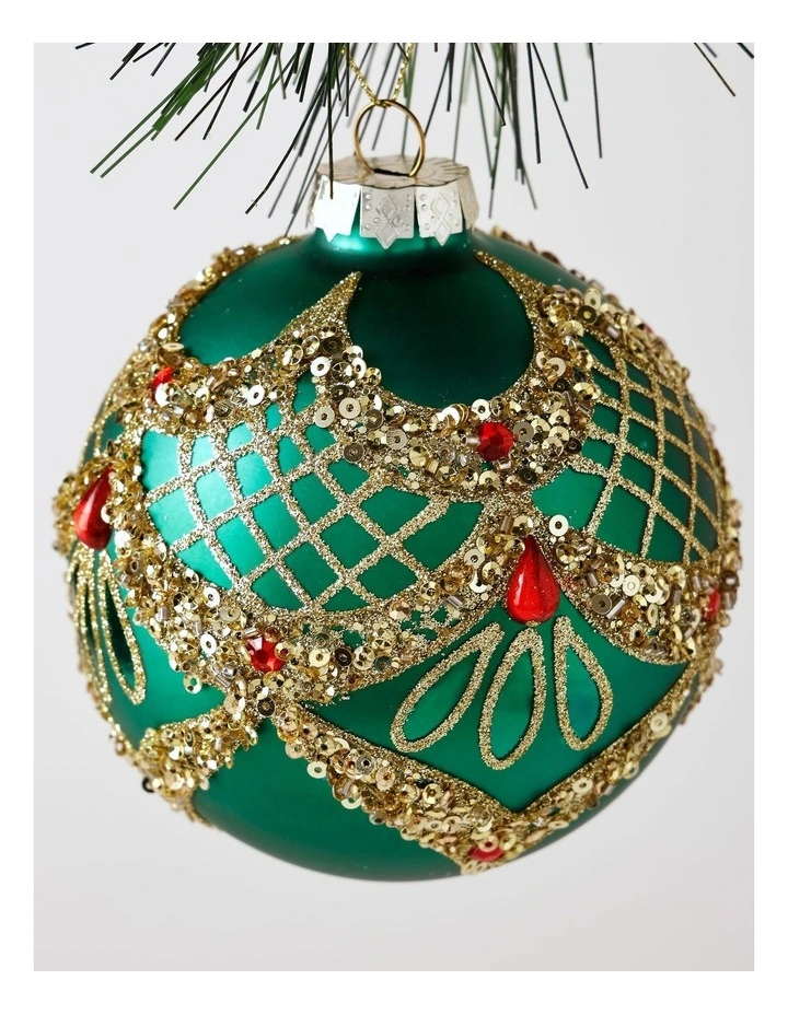Heirloom Christmas Bejewelled Christmas Glass Art Deco Bauble 10cm in Green image 2