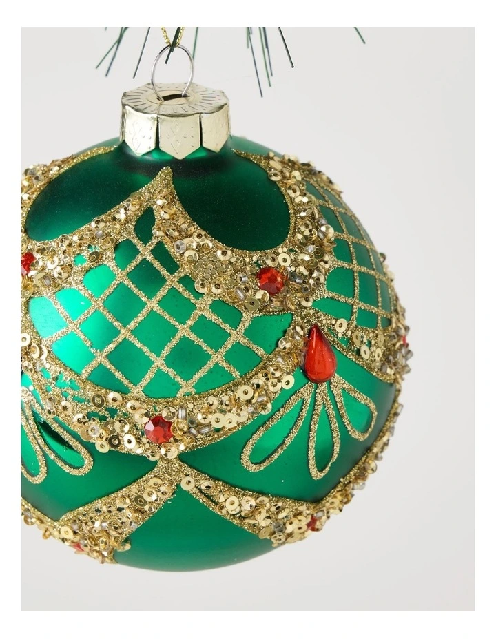 Heirloom Christmas Bejewelled Christmas Glass Art Deco Bauble 10cm in Green image 2
