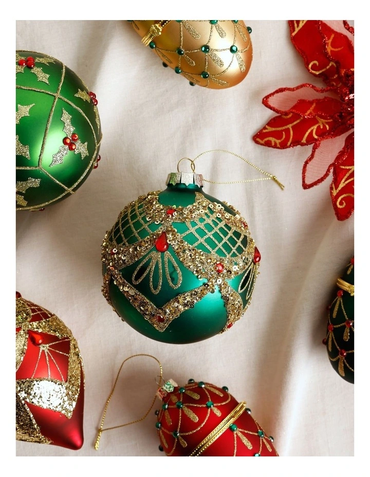 Heirloom Christmas Bejewelled Christmas Glass Art Deco Bauble 10cm in Green image 3