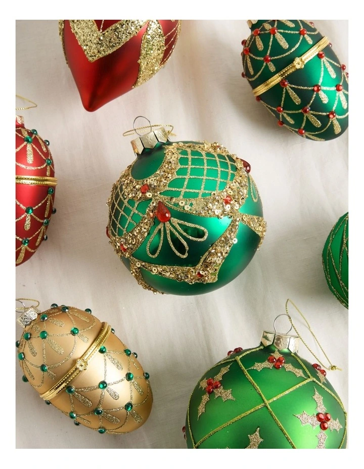 Heirloom Christmas Bejewelled Christmas Glass Art Deco Bauble 10cm in Green image 3