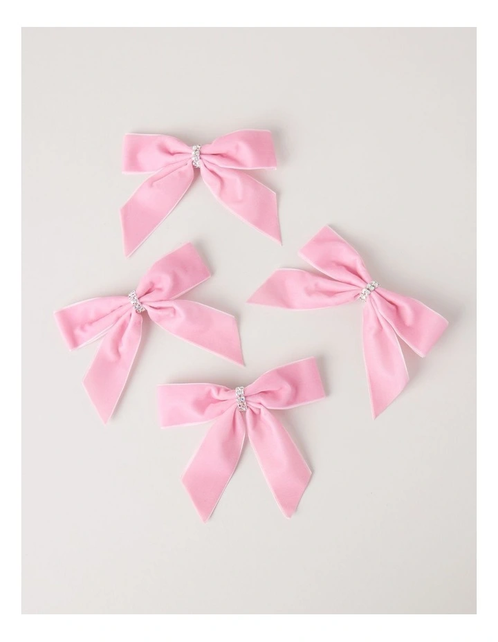 Luxe Christmas Fabric Set of 4 Velvet Embellished Bow Clips 14cm in Pink image 1
