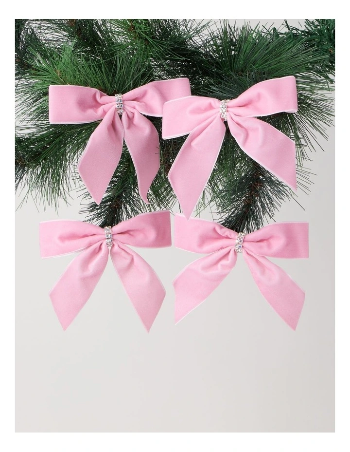 Luxe Christmas Fabric Set of 4 Velvet Embellished Bow Clips 14cm in Pink image 2