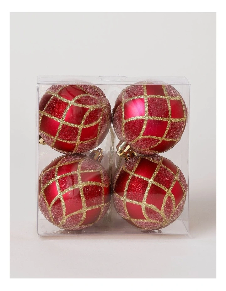 Heirloom Christmas 4pk Glitter Grid Baubles 8cm in Red/Gold image 1