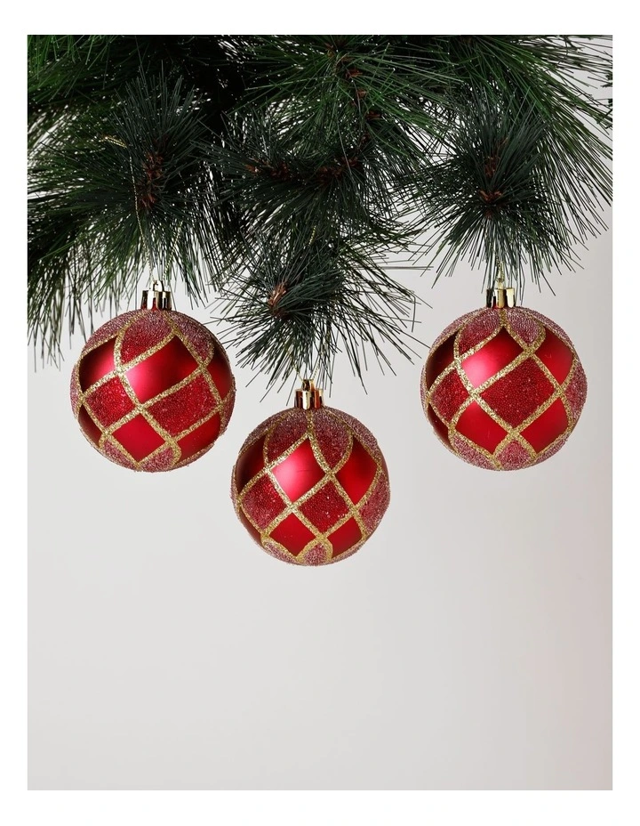 Heirloom Christmas 4pk Glitter Grid Baubles 8cm in Red/Gold image 2