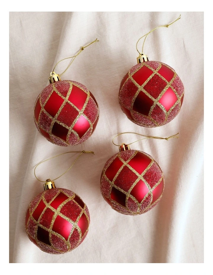 Heirloom Christmas 4pk Glitter Grid Baubles 8cm in Red/Gold image 3