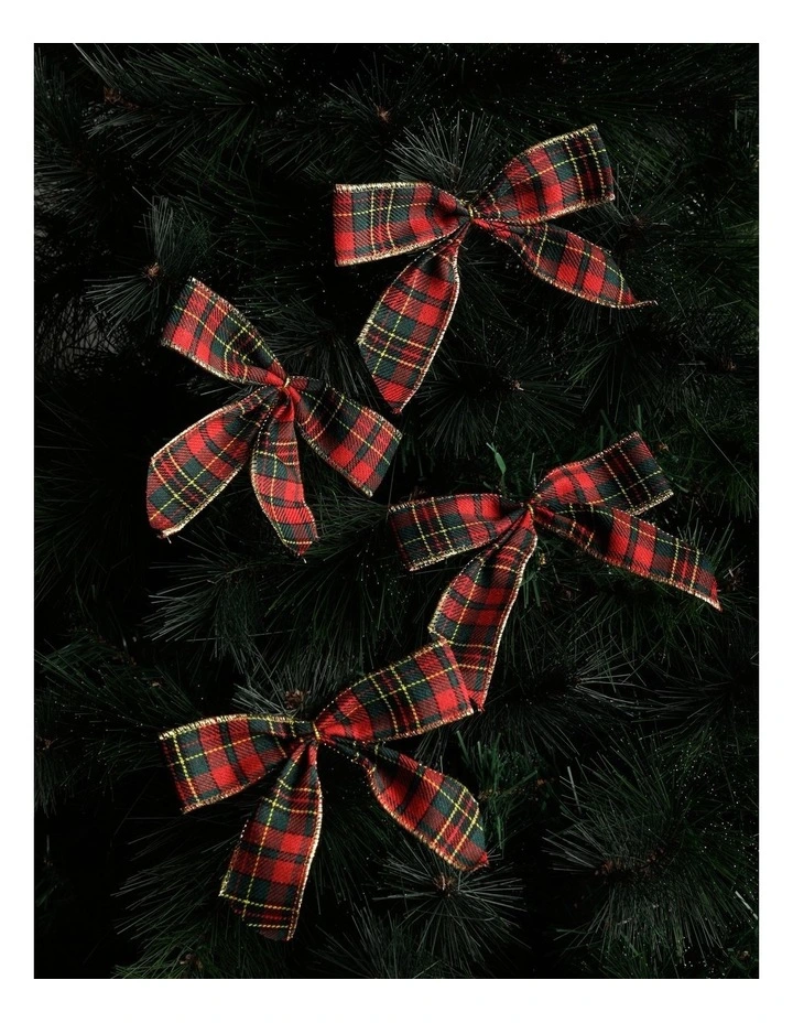 Heirloom Christmas Fabric Set of 4 Tartan Bow Clip 14cm Multi image 1